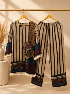 Beige Floral Crape Cord Set