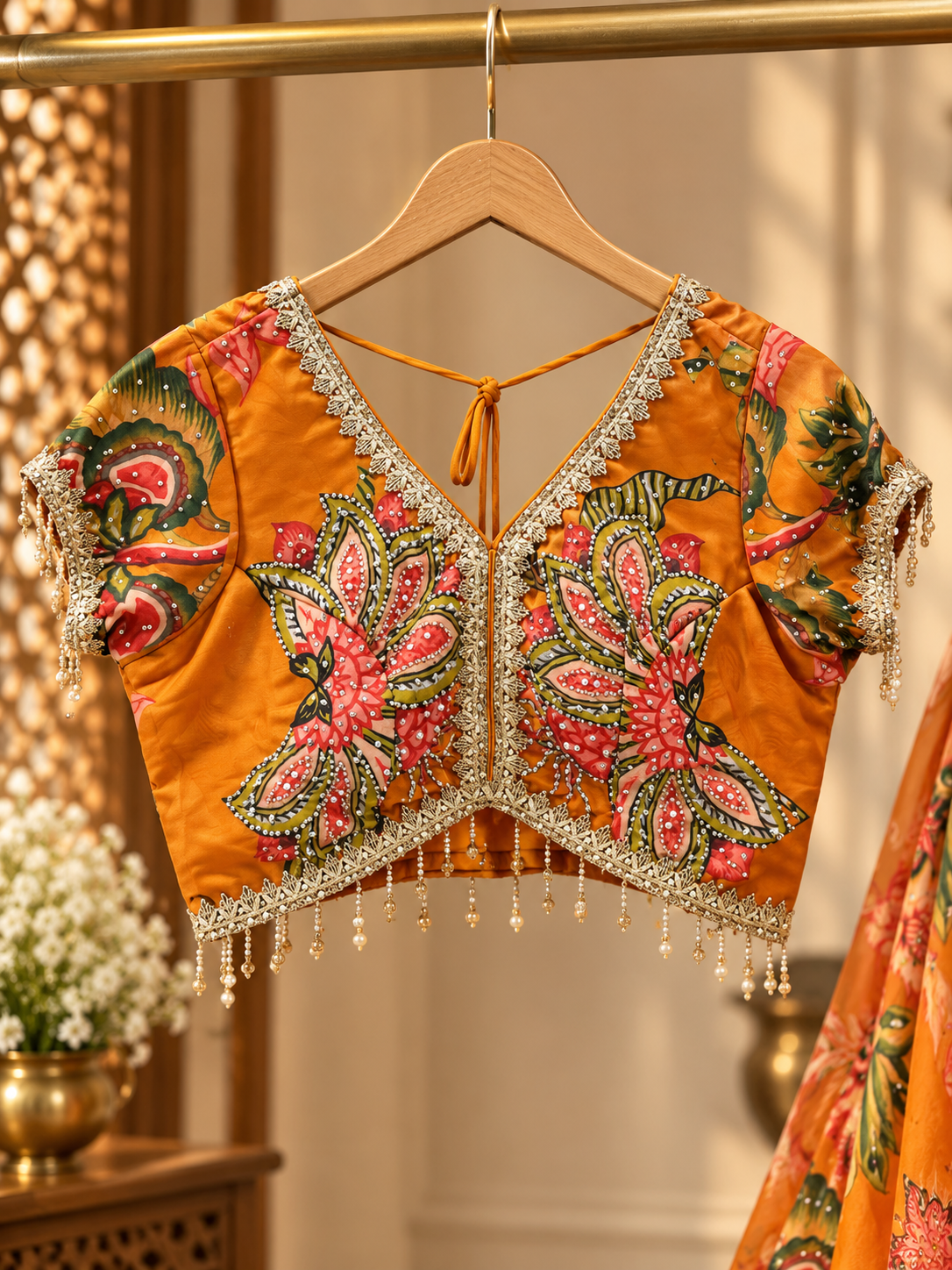 Mustard orange floral lehanga choli - Image 2