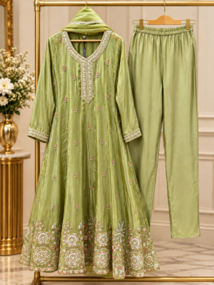 Shimmer olive Anarkali set