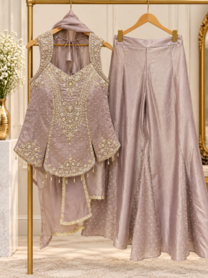 Tissue shimmer pastel mauve shrara suit