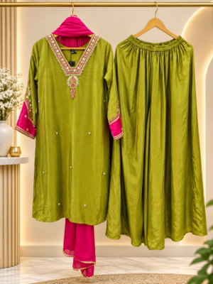Pure crape olive green designer suit