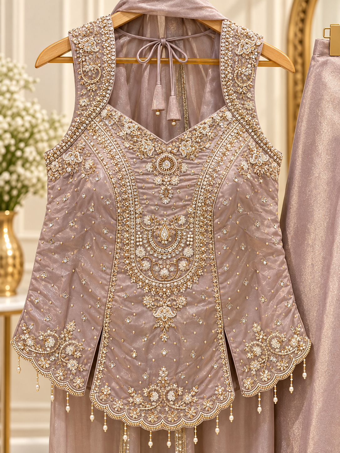 Tissue shimmer pastel mauve shrara suit - Image 4