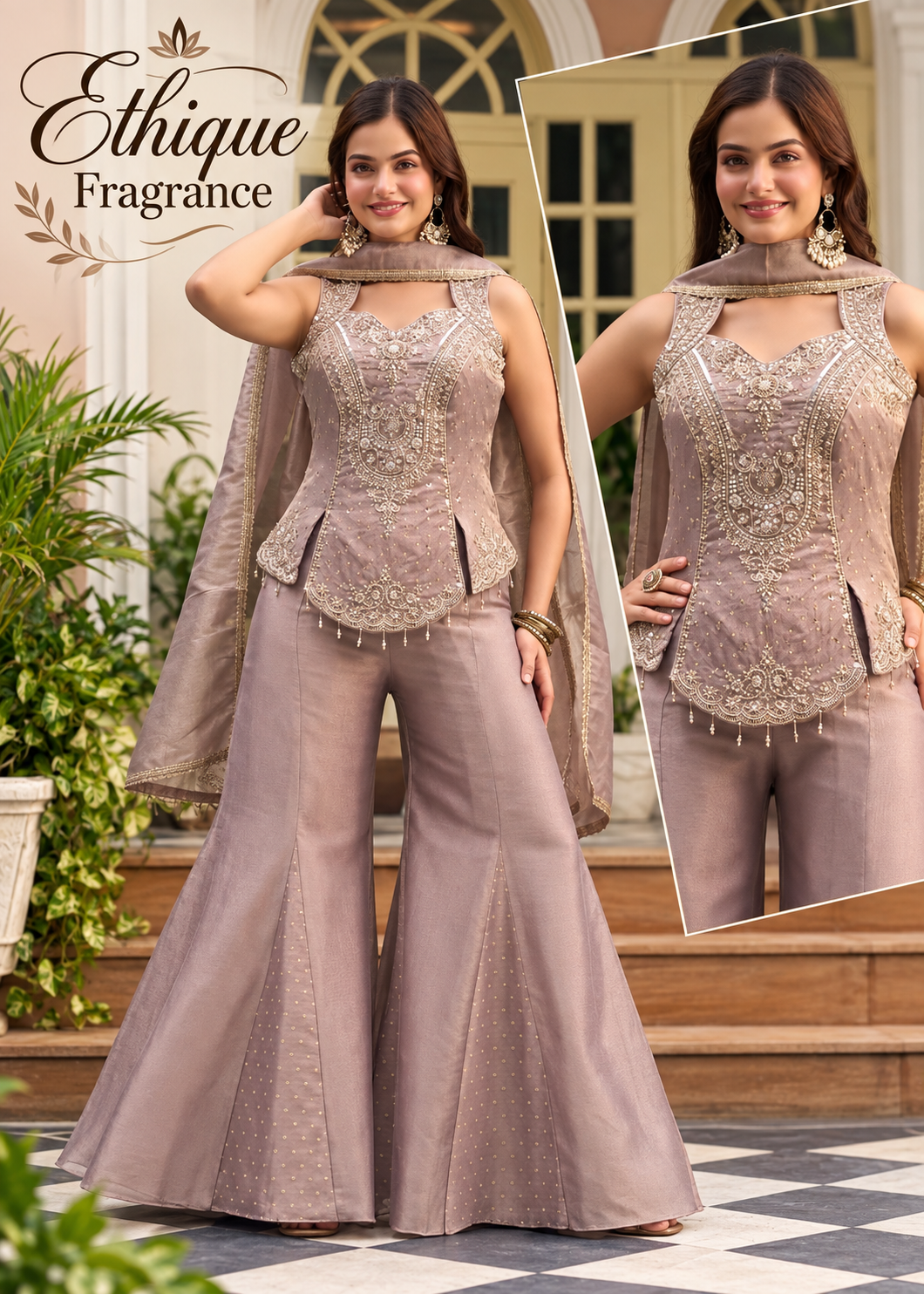 Tissue shimmer pastel mauve shrara suit - Image 3