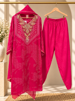Luxurious pink satin designer suit
