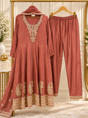 Elegant rust chinon Anarkali suit
