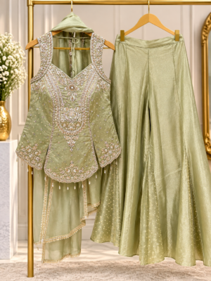 Partywear olive green shrara suit