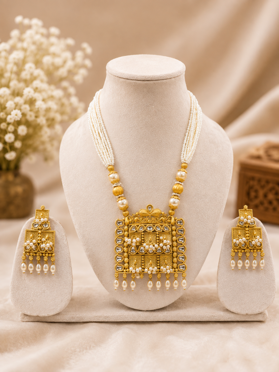 Golden pearl long necklace for women