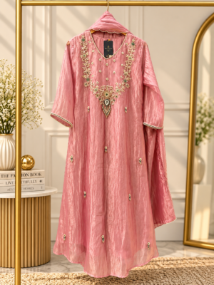 Peach Tissue Shimmer Handwork Suit
