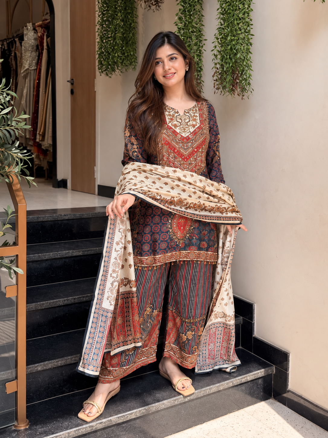 Printed embroidered cord set suit