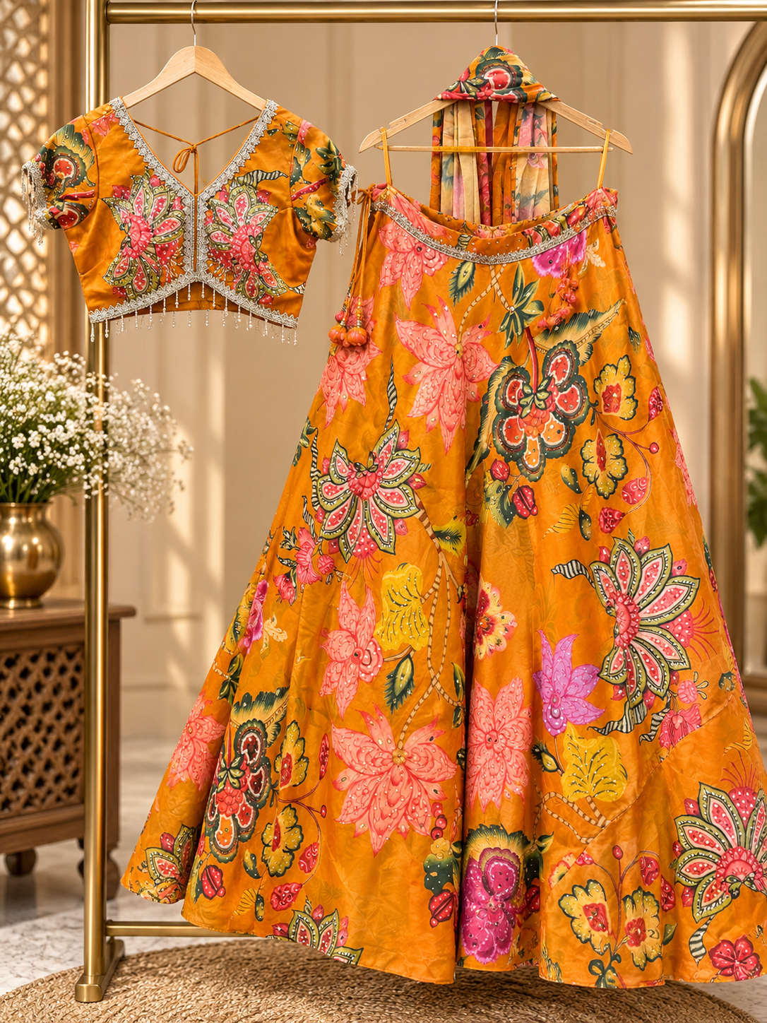 Mustard orange floral lehanga choli