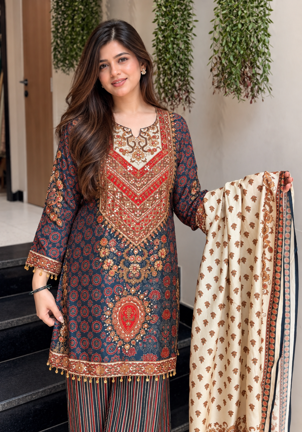 Printed embroidered cord set suit - Image 2