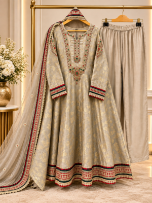 Pastel grey colour Brocade Anarkali set