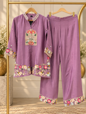 Lavender Embroidered chinon Cord Set – Elegant & Timeless 💜✨