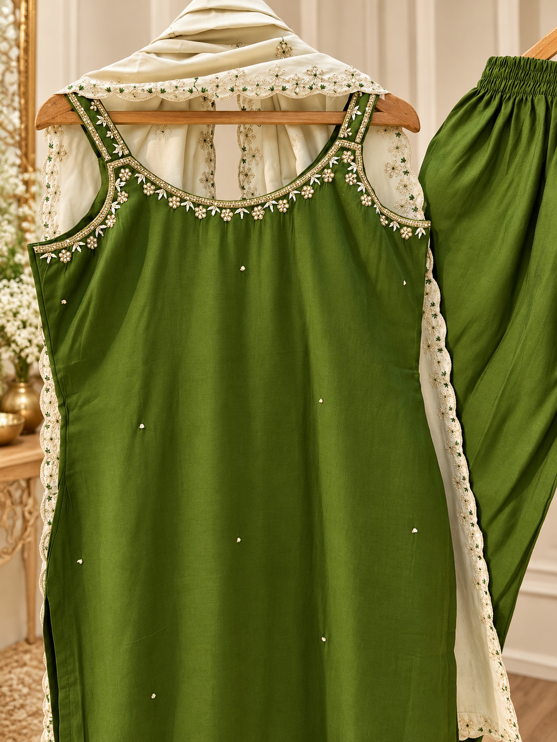 Elegant olive green sleeveless ethnic set - Image 2