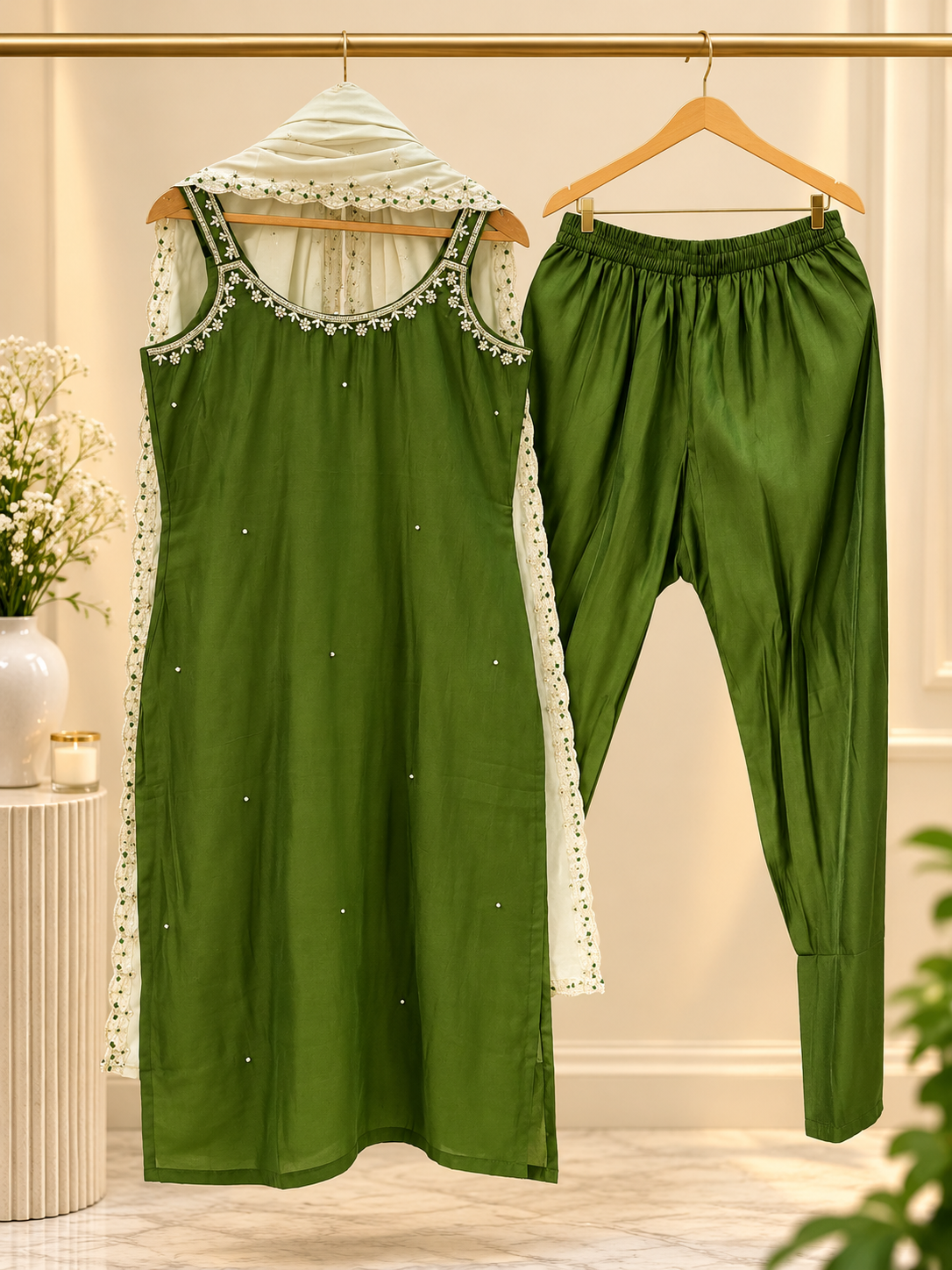 Elegant olive green sleeveless ethnic set