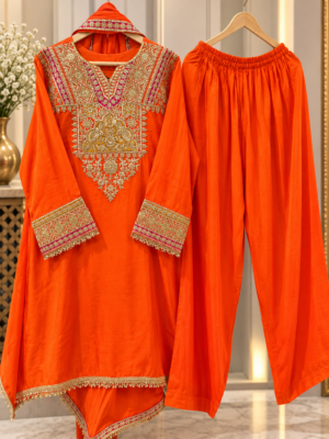 Pakistani stylish Orange short length choga set