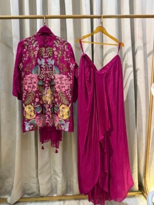 Purple Chinon Dress with Cowl Skirt – Elegant Partywear Ensemble