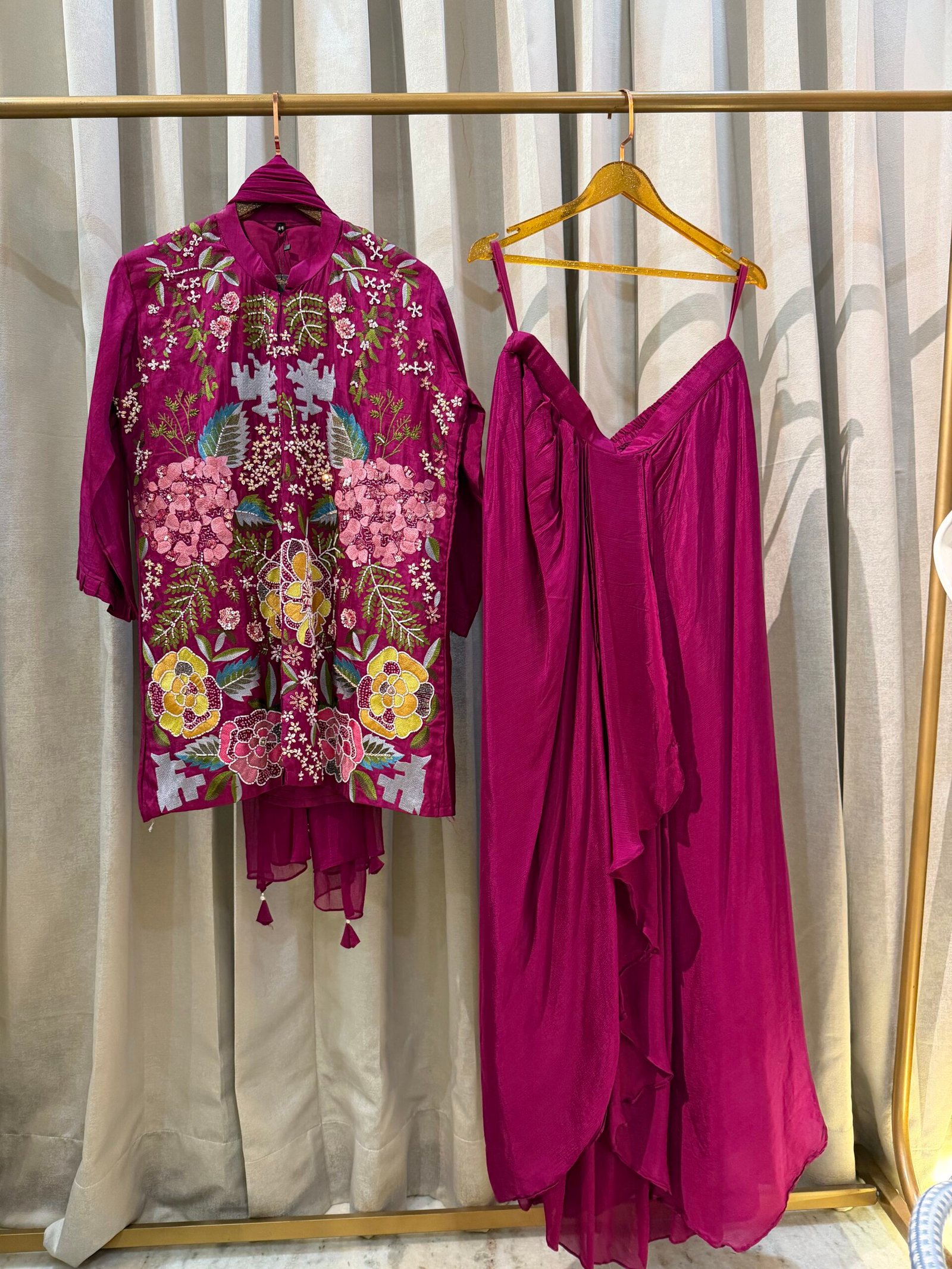 Purple Chinon Dress with Cowl Skirt – Elegant Partywear Ensemble